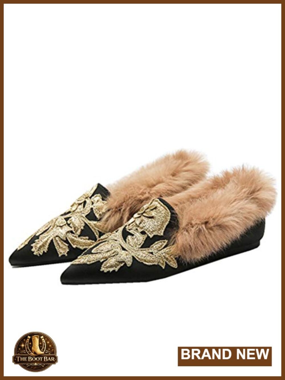 Fericzot Womens Embroidery Plush Lamb Fur Velvet Mule Slippers Pointed Toe